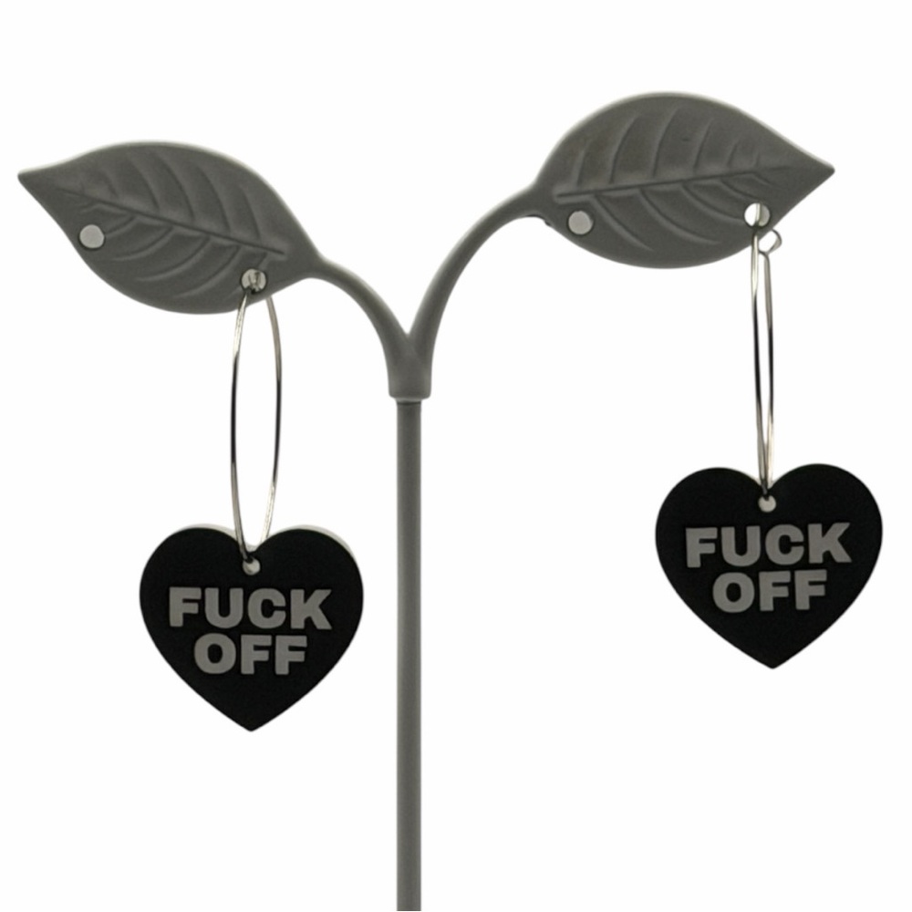 Black Heart Statement Swear Word Earrings